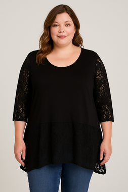 Paradisio Plus 3/4 Lace Sleeve Crew Neck Top 100% Viscose Black Size 1X